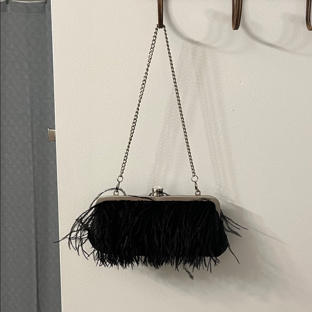 BCBGMaxAzria Black Feather Clutch with Silver Chain